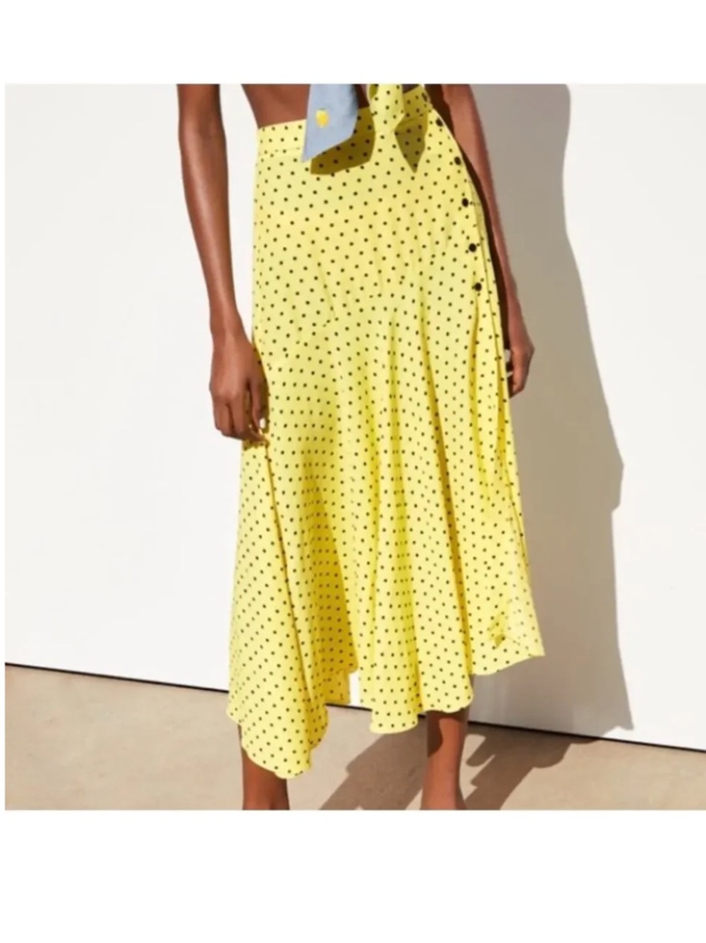 Zara Yellow Polka Dot A-Line Midi Asymmetrical Skirt
